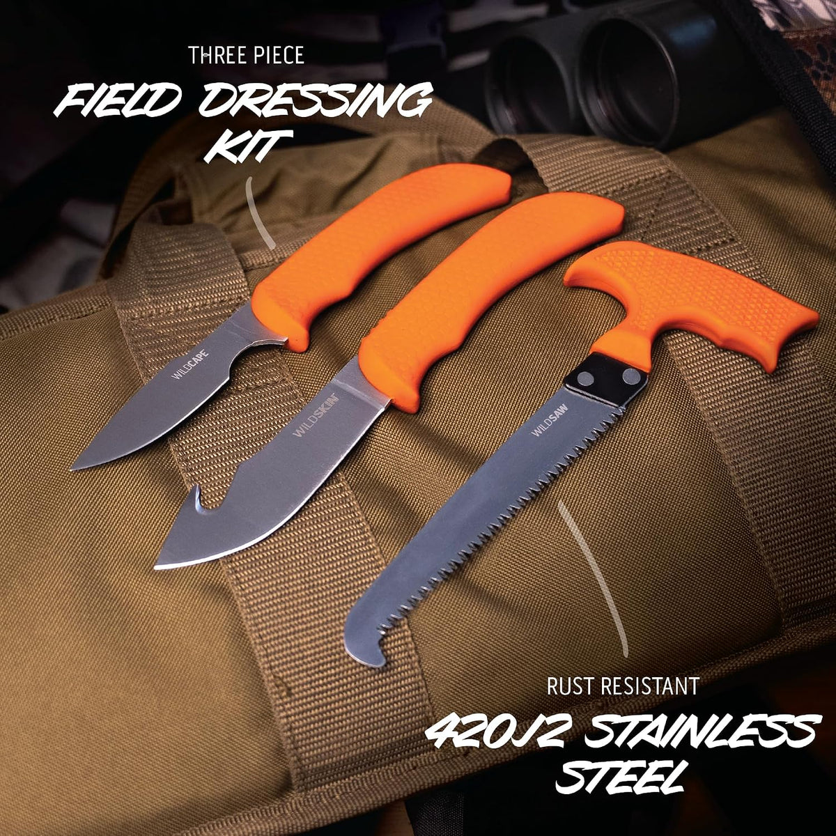 OUTDOOR EDGE WildGuide 4-Piece Hunting Knife Set & Field Dressing Kit | Featuring Razor-Sharp Caping Blade, Gut-Hook Skinning Knife, Bone Saw, in a Camo Nylon Belt Sheath | Butcher Knife Set for Deer