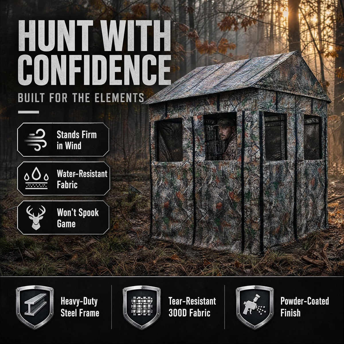 Hunting Blind for Deer Hunting – Heavy-Duty Steel Frame, 8 Shoot-Through Windows, Durable 300D Oxford Fabric, Full Visibility Ground Blind for Bow and Gun Hunters