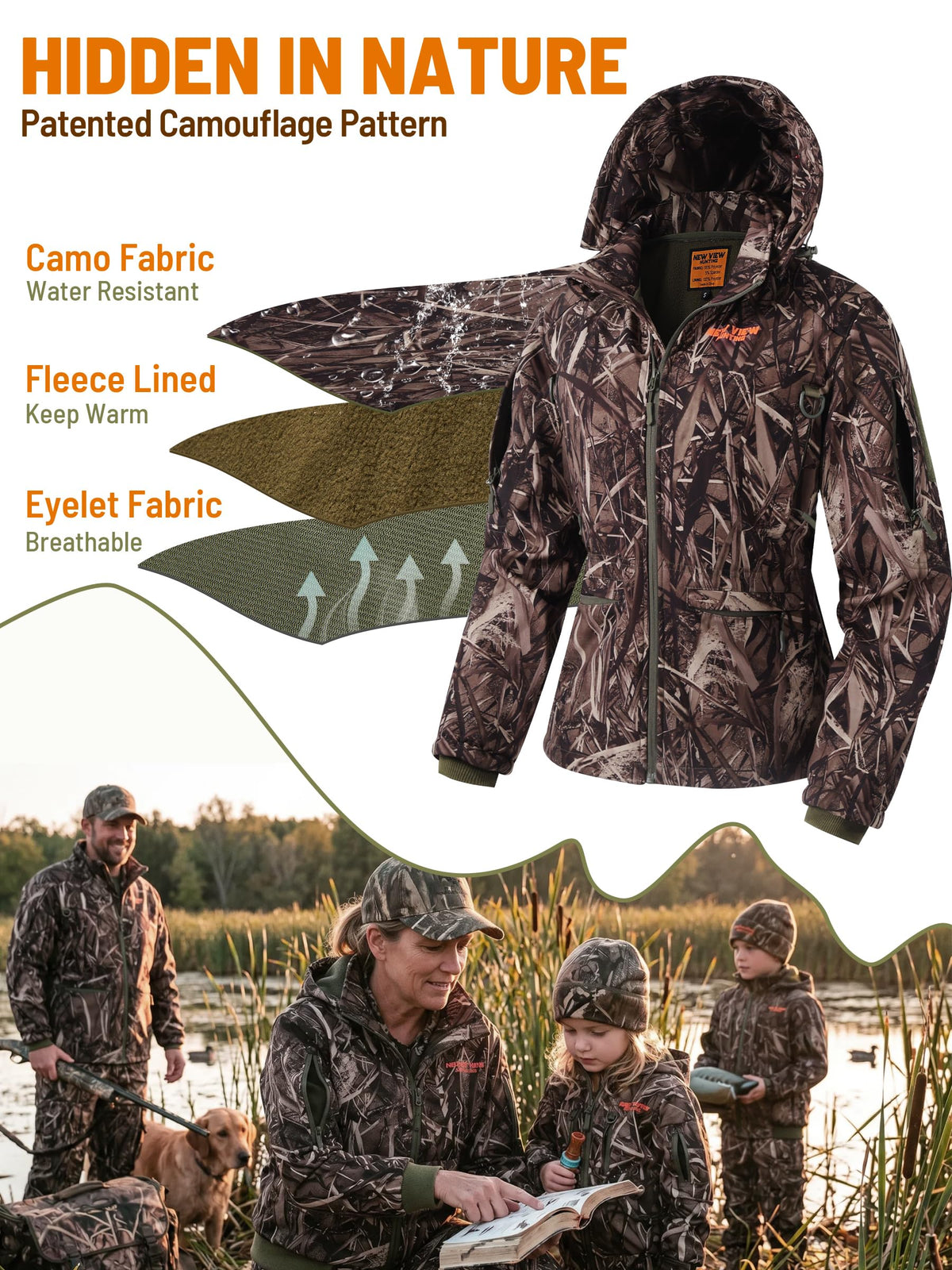 NEW VIEW Womens Hunting Clothes, Upgraded Ultra-Quiet Water Resistant Camo Hunting Jacket for Duck Waterfowl Deer Hunting