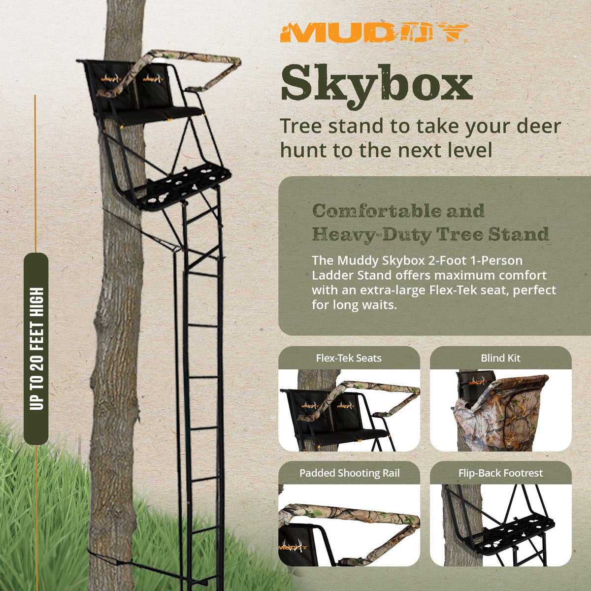 Muddy Outdoor Hunting Climbing Ladder, Tree Stand with Flex-Tek Seat and Steel Frame