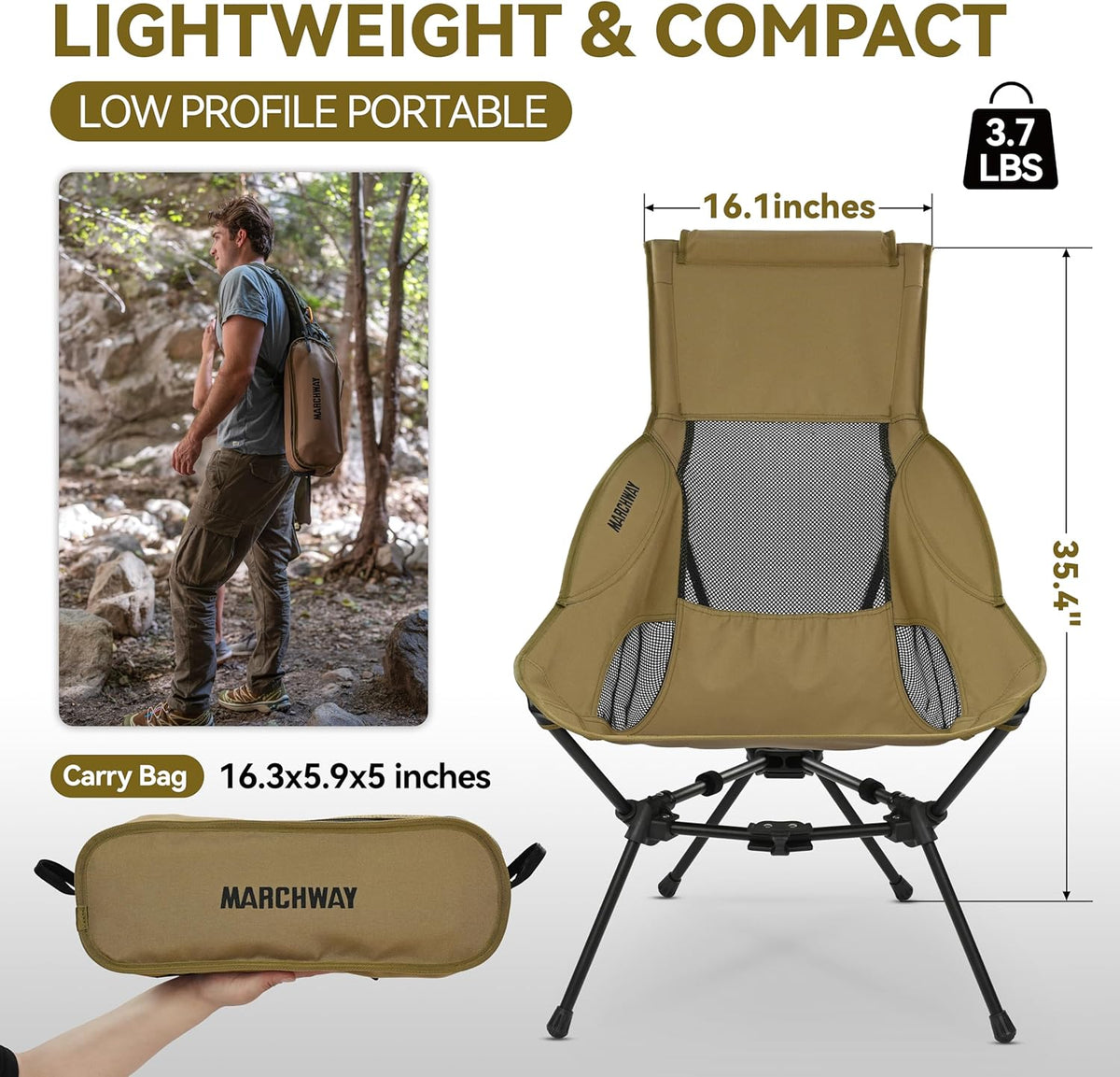 MARCHWAY Lightweight High Back Folding Camping Chair with Head Support