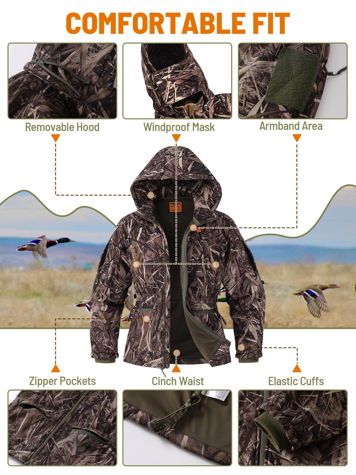 NEW VIEW Womens Hunting Clothes, Upgraded Ultra-Quiet Water Resistant Camo Hunting Jacket for Duck Waterfowl Deer Hunting