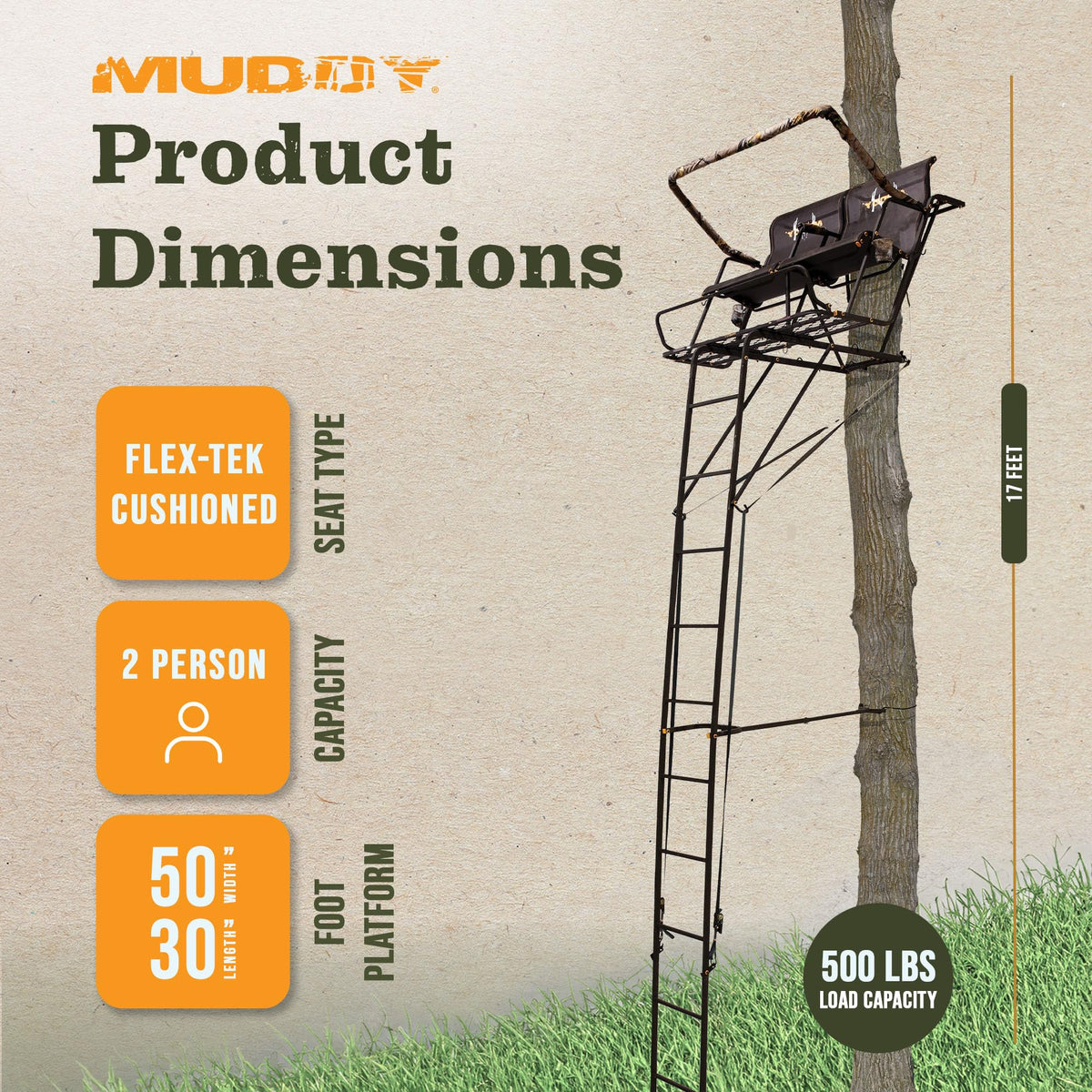 Muddy Outdoor Hunting Climbing Ladder, Tree Stand with Flex-Tek Seat and Steel Frame