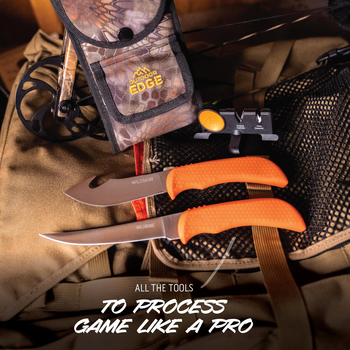OUTDOOR EDGE WildGuide 4-Piece Hunting Knife Set & Field Dressing Kit | Featuring Razor-Sharp Caping Blade, Gut-Hook Skinning Knife, Bone Saw, in a Camo Nylon Belt Sheath | Butcher Knife Set for Deer