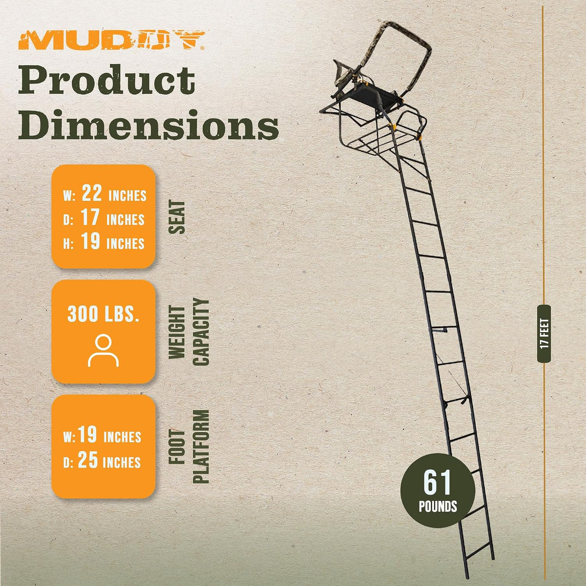 Muddy Outdoor Hunting Climbing Ladder, Tree Stand with Flex-Tek Seat and Steel Frame