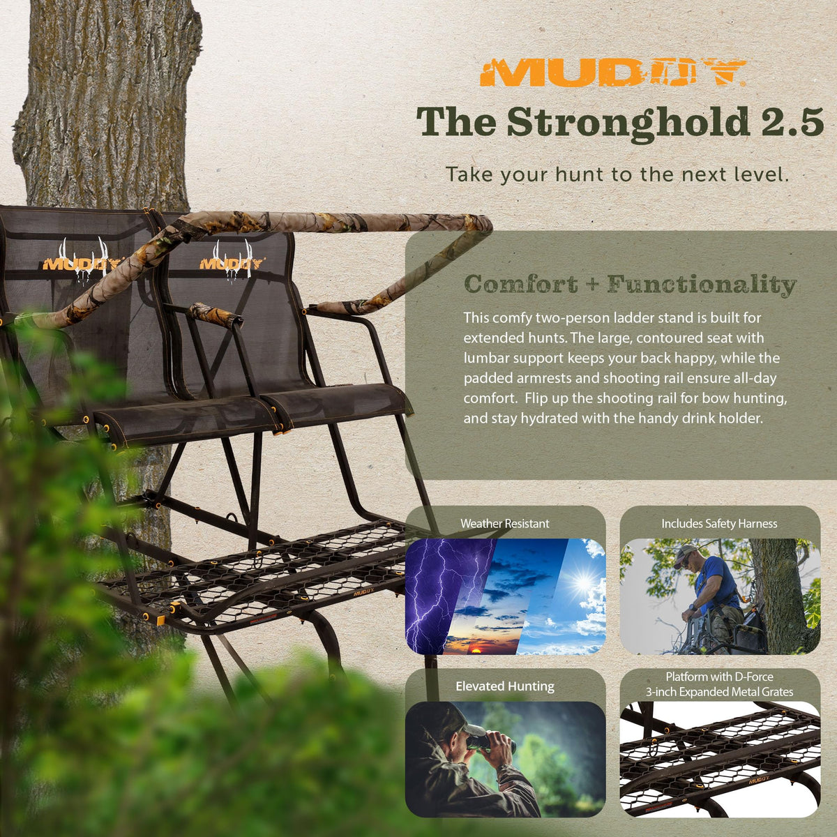 Muddy Outdoor Hunting Climbing Ladder, Tree Stand with Flex-Tek Seat and Steel Frame