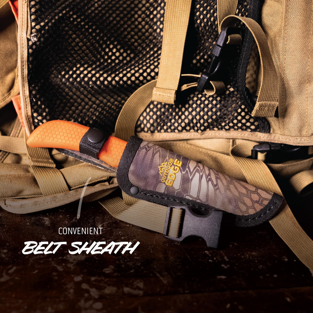 OUTDOOR EDGE WildGuide 4-Piece Hunting Knife Set & Field Dressing Kit | Featuring Razor-Sharp Caping Blade, Gut-Hook Skinning Knife, Bone Saw, in a Camo Nylon Belt Sheath | Butcher Knife Set for Deer