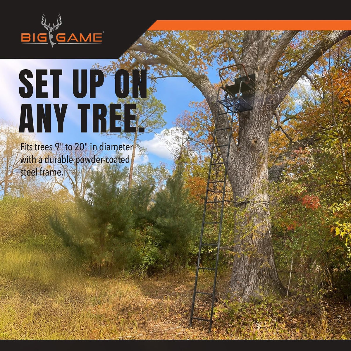 Big Game 1-Person Ladder Tree Stand for Hunting Deer with Seat, Hunter, 18' Tall, Black - Adjustable Climbing Treestand with Platform and Safety Harness for Shooting