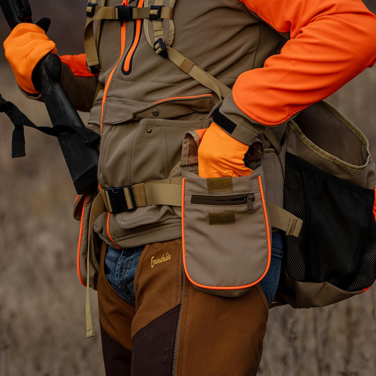 Gamehide Mens Upland Game Bird Hunting Strap Vest Fully Adjusble With Orange Tipping