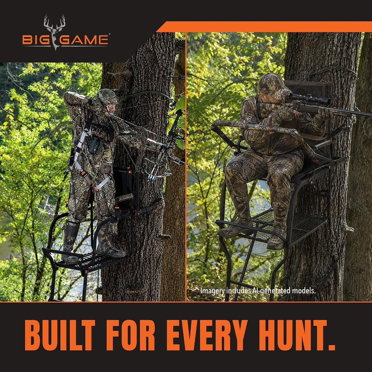 Big Game 1-Person Ladder Tree Stand for Hunting Deer with Seat, Hunter, 18' Tall, Black - Adjustable Climbing Treestand with Platform and Safety Harness for Shooting