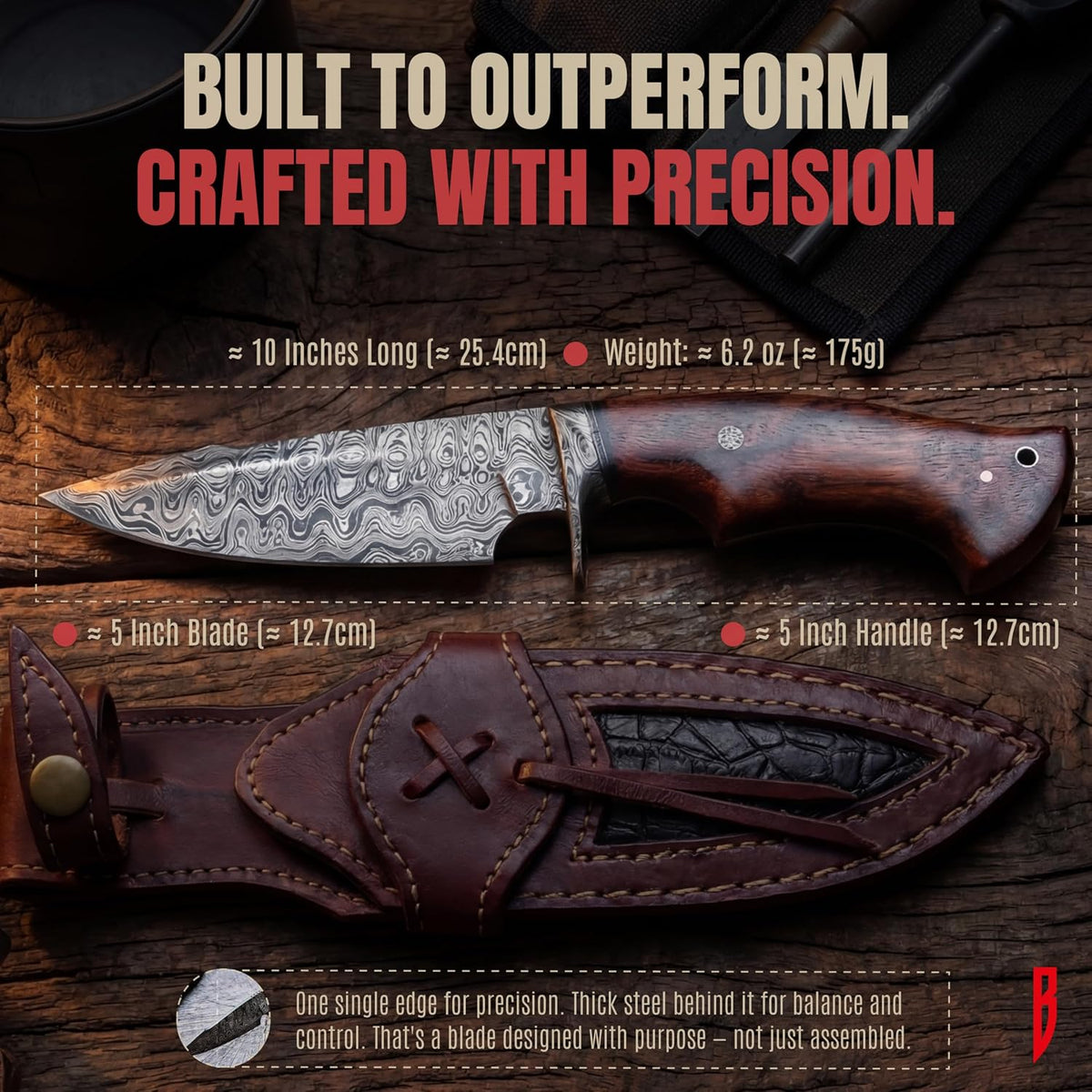 Hunting Damascus Knife Fixed Blade 10" Handmade Patented - Predator Hunter