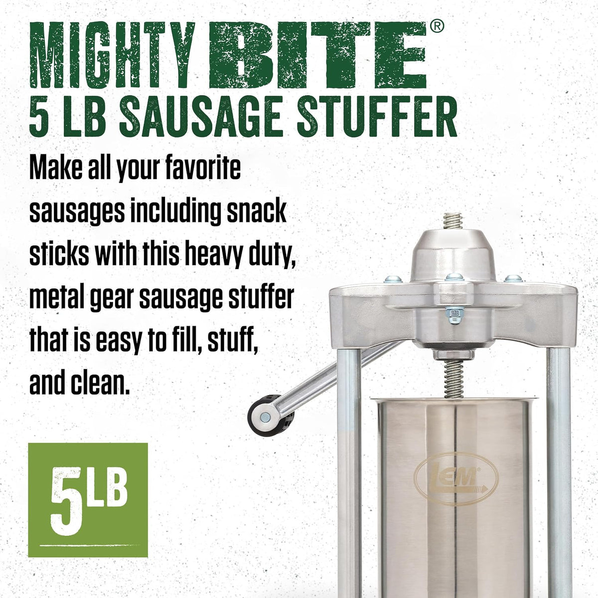 LEM Products MightyBite 5 lb Sausage Stuffer, Professional Design, Stainless Steel, Includes Clamps & Stuffing Tubes, Removable Cylinder, Air-Release Piston, Meat Stuffer Machine for Home Use