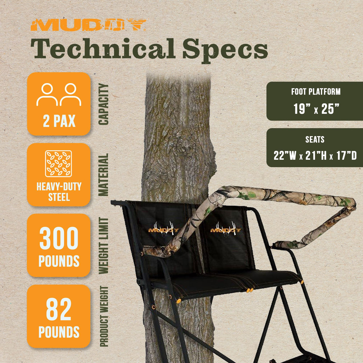 Muddy Outdoor Hunting Climbing Ladder, Tree Stand with Flex-Tek Seat and Steel Frame
