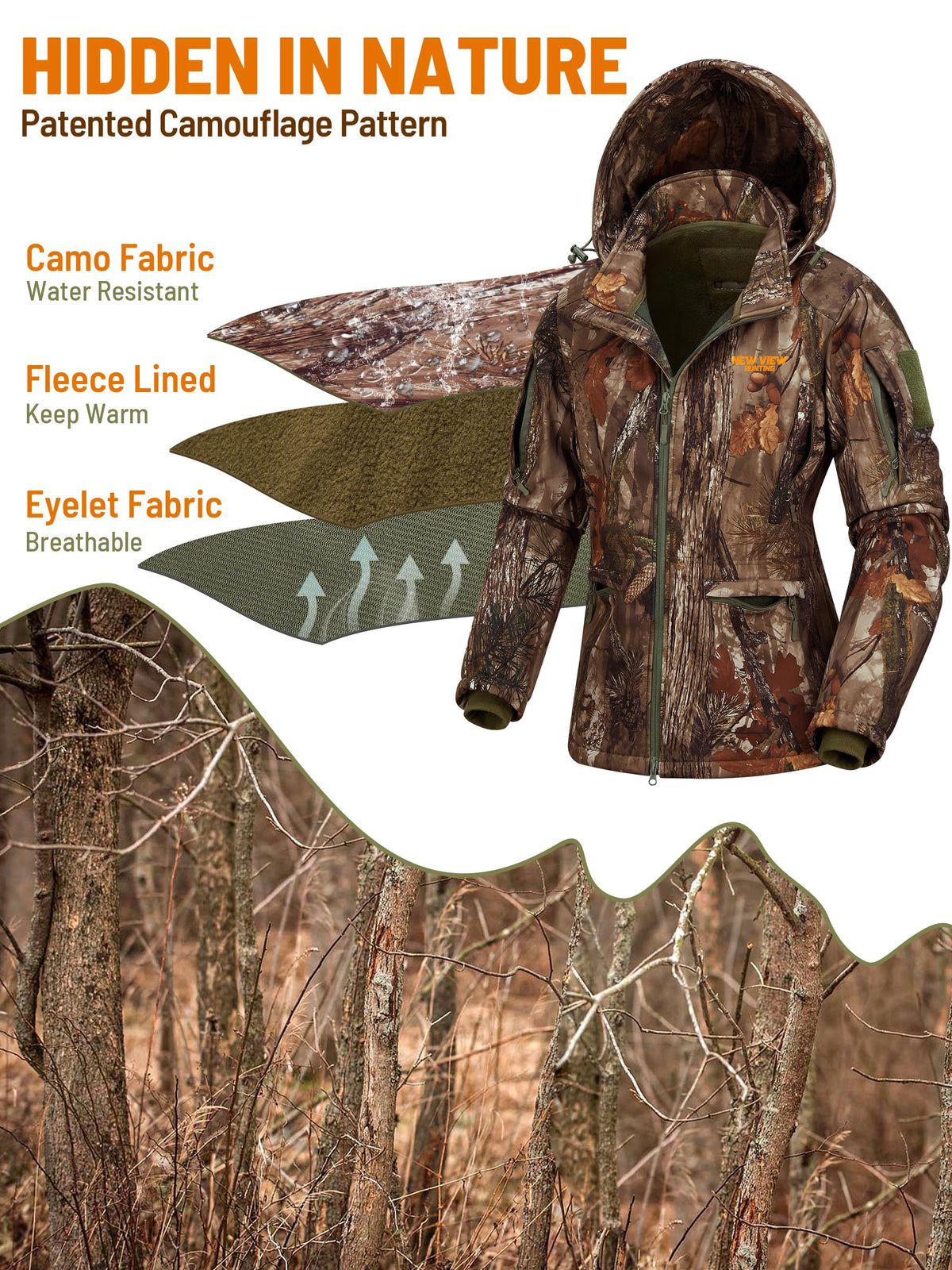 NEW VIEW Womens Hunting Clothes, Upgraded Ultra-Quiet Water Resistant Camo Hunting Jacket for Duck Waterfowl Deer Hunting