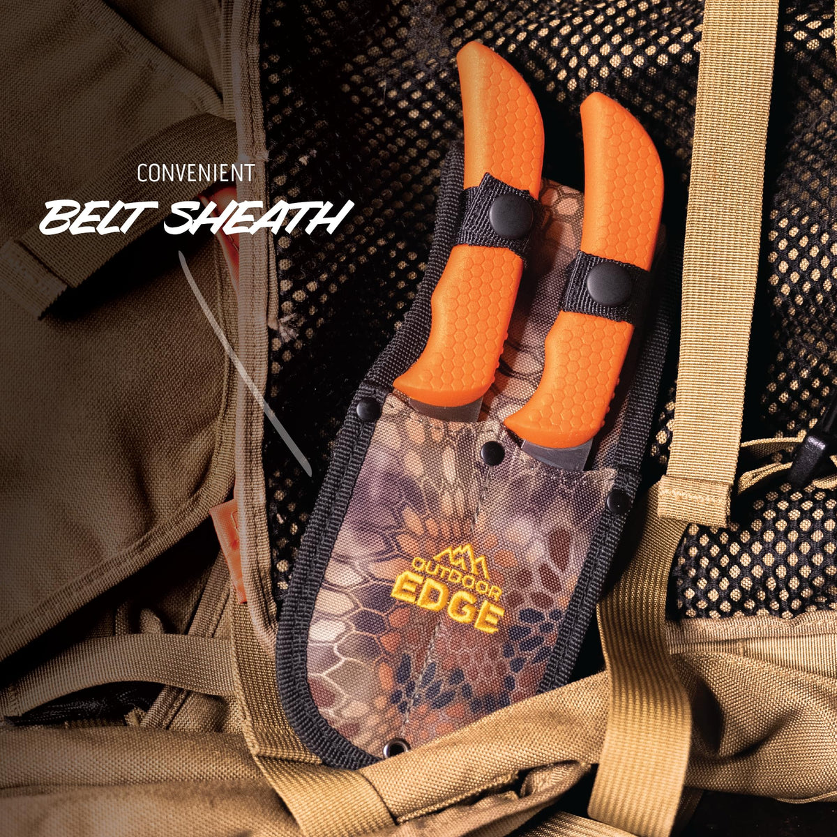 OUTDOOR EDGE WildGuide 4-Piece Hunting Knife Set & Field Dressing Kit | Featuring Razor-Sharp Caping Blade, Gut-Hook Skinning Knife, Bone Saw, in a Camo Nylon Belt Sheath | Butcher Knife Set for Deer