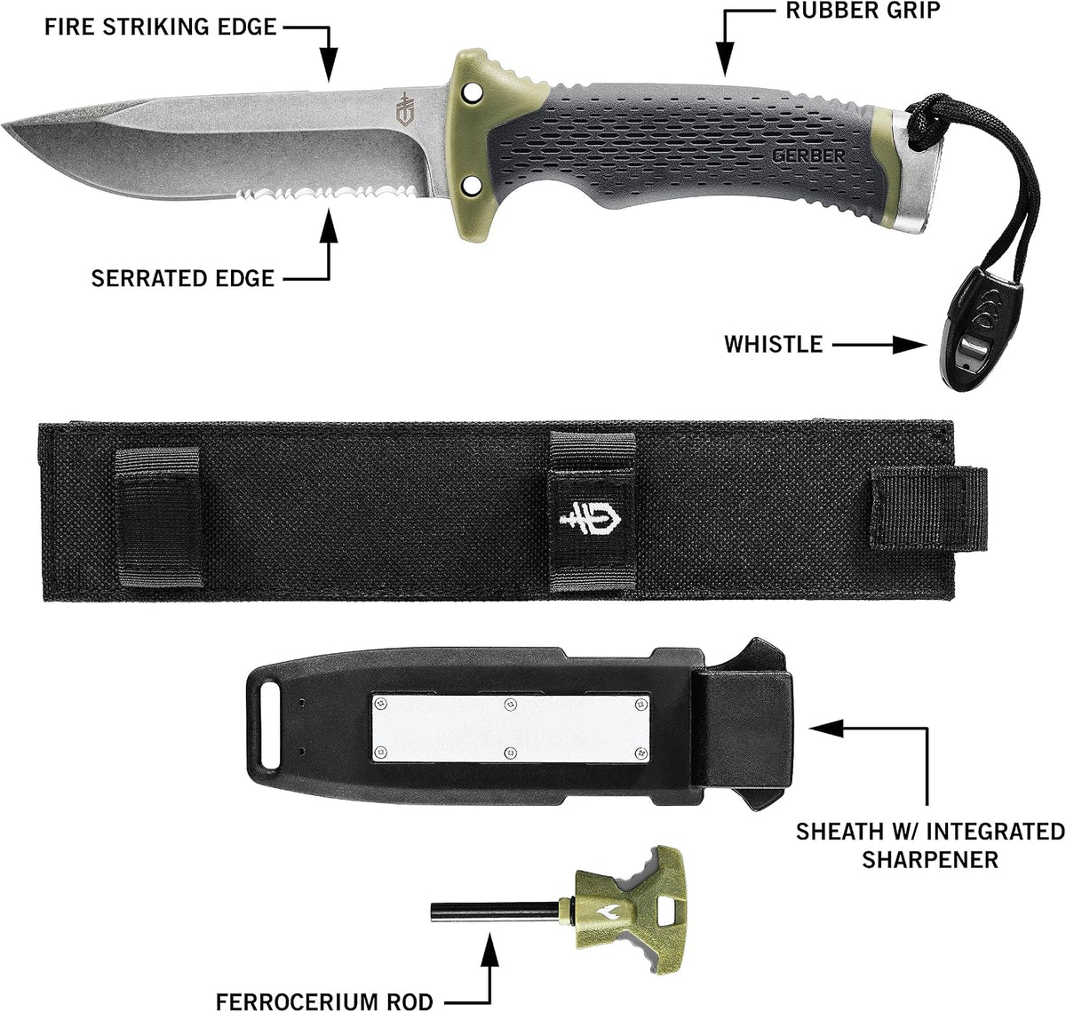 Gerber Ultimate Fixed Blade Knife w/Sheath, Knife Sharpener, Ferro Rod