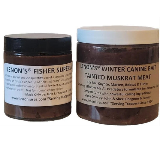 Lenon Lures Fisher Trappers Special 4 oz Jar Fisher Super All Call Lure & 8 oz Winter Canine Muskrat Meat Bait