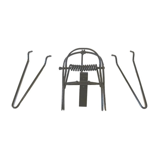 A black metal spring-loaded trap or clamp device with two separate curved metal arms positioned on either side, shown against a plain white background.